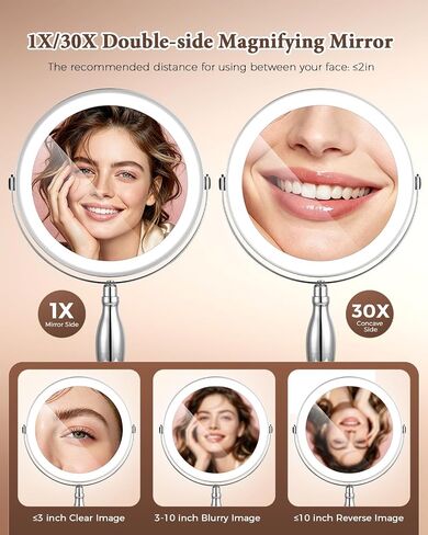 30x Lighted Makeup Mirror with Lights, 8" Double Sided Magnifying Mirror with 3 Color Modes Adjustable Brightness, 5000mAh Rechargeable, 360° Rotation, Side Touch+Side Charging, Vanity Mirror-Chrome in Kuwait