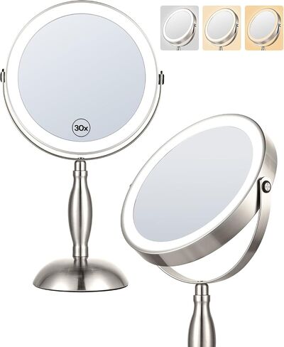 30x Lighted Makeup Mirror with Lights, 8" Double Sided Magnifying Mirror with 3 Color Modes Adjustable Brightness, 5000mAh Rechargeable, 360° Rotation, Side Touch+Side Charging, Vanity Mirror-Chrome in Kuwait
