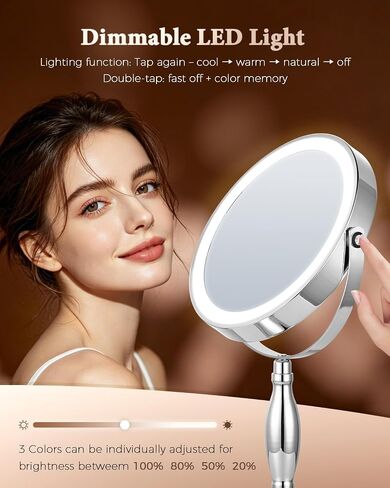30x Lighted Makeup Mirror with Lights, 8" Double Sided Magnifying Mirror with 3 Color Modes Adjustable Brightness, 5000mAh Rechargeable, 360° Rotation, Side Touch+Side Charging, Vanity Mirror-Chrome in Kuwait
