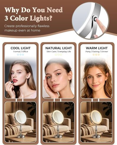 30x Lighted Makeup Mirror with Lights, 8" Double Sided Magnifying Mirror with 3 Color Modes Adjustable Brightness, 5000mAh Rechargeable, 360° Rotation, Side Touch+Side Charging, Vanity Mirror-Chrome in Kuwait