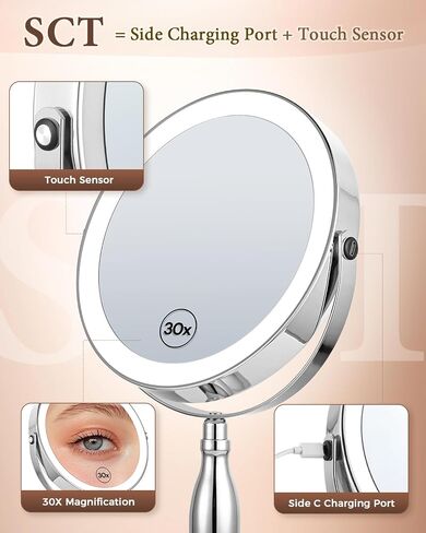 30x Lighted Makeup Mirror with Lights, 8" Double Sided Magnifying Mirror with 3 Color Modes Adjustable Brightness, 5000mAh Rechargeable, 360° Rotation, Side Touch+Side Charging, Vanity Mirror-Chrome in Kuwait