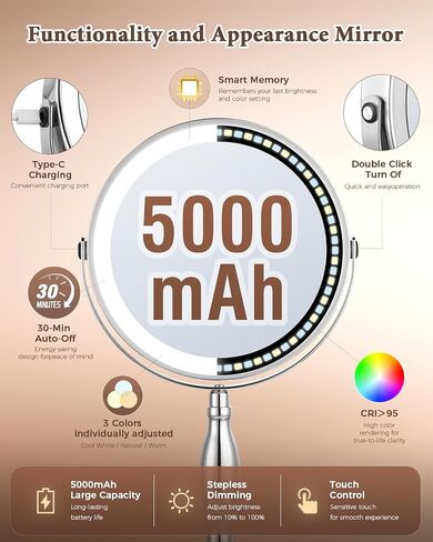 30x Lighted Makeup Mirror with Lights, 8" Double Sided Magnifying Mirror with 3 Color Modes Adjustable Brightness, 5000mAh Rechargeable, 360° Rotation, Side Touch+Side Charging, Vanity Mirror-Chrome in Kuwait