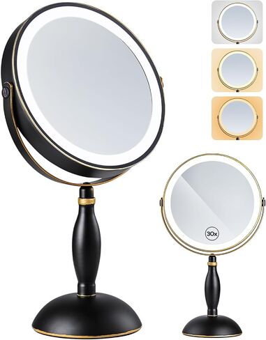 30x Lighted Makeup Mirror with Lights, 8" Double Sided Magnifying Mirror with 3 Color Modes Adjustable Brightness, 5000mAh Rechargeable, 360° Rotation, Side Touch+Side Charging, Vanity Mirror-Chrome in Kuwait