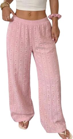 Women's Summer High Waisted Hollow Out Elegant Wide Leg Pants Elastic Loose Breathable Soft Casual Commute Vacation Pink S-XL in Kuwait