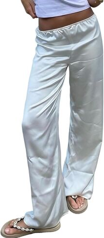 Satin Wide Leg Pants for Women Dressy Silky Flowy Beach Palazzo Pants Casual Elastic Waist Trousers with Drawstring in Saudi Arabia