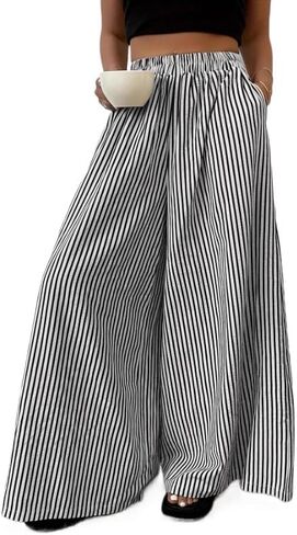 Women's Wide Leg Pants Lazy Temperament, Striped Casual Straight Leg Wide Leg Pants in Kuwait
