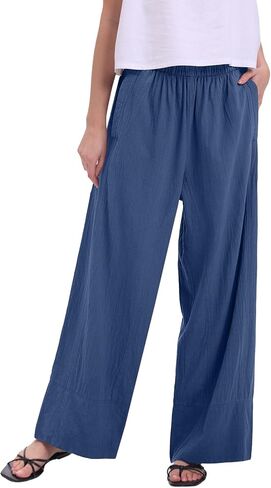 FAIABLE Women's Wide Leg Cotton Linen Pants Elastic High Waist Flowy Casual Trousers with Pockets for Summer Vacation Travel in Saudi Arabia
