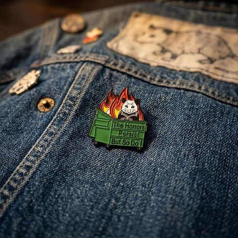 Funny Opossum Pin - Enamel Humor Dumpster Fire Pins Brooch with "The Horrors Persist But So Do I" for Backpack, Jackets, Hats. Sarcastic Meme Brooches Gift for Friends and Family in Saudi Arabia