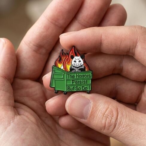 Funny Opossum Pin - Enamel Humor Dumpster Fire Pins Brooch with "The Horrors Persist But So Do I" for Backpack, Jackets, Hats. Sarcastic Meme Brooches Gift for Friends and Family in Saudi Arabia