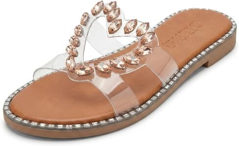 Rose Gold Heart Gemstone Slide Sandals Women Clear Crystal Trim Flat Rhinestone Sole Womens Sandals Dressy Sparkly Slides for Summer Parties and Casual Outfits in Kuwait