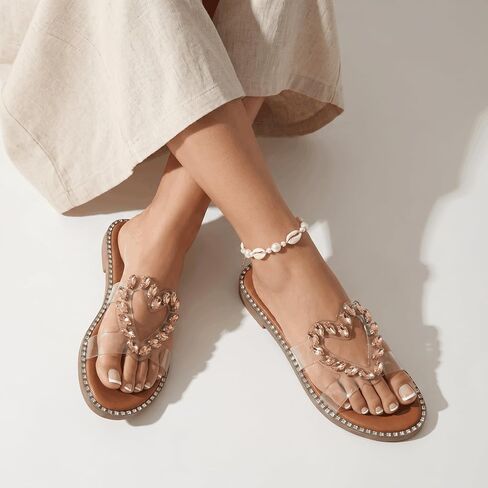 Rose Gold Heart Gemstone Slide Sandals Women Clear Crystal Trim Flat Rhinestone Sole Womens Sandals Dressy Sparkly Slides for Summer Parties and Casual Outfits in Kuwait