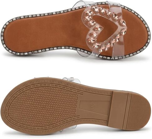 Rose Gold Heart Gemstone Slide Sandals Women Clear Crystal Trim Flat Rhinestone Sole Womens Sandals Dressy Sparkly Slides for Summer Parties and Casual Outfits in Kuwait