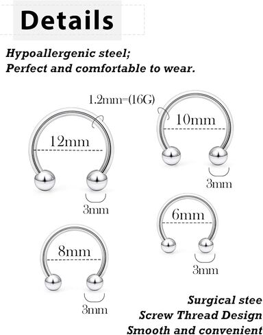 16G Horseshoe Septum Rings 6/8/10/12mm with Tool & Ball Grabber,Hypoallergenic for Nose,Rook,Cartilage,Helix,Lips-Silver Gold 316L Surgical Steel Septum Piercing jewelry in Saudi Arabia