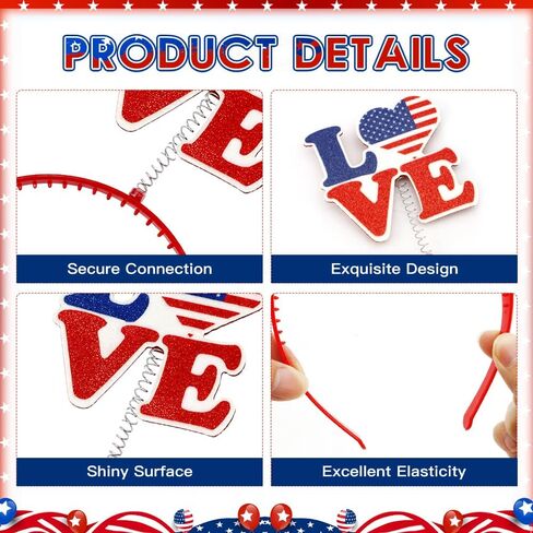 QPIXVB 6PCS 4th of July Headband,Red White and Blue Party Accessories Decorations Favors,250th Anniversary American Flag Hair Accessories for Independence Memorial Day Patriotic Decor Photo Props in Kuwait