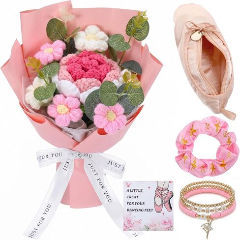 5 Pcs Pink Dance Recital Gifts Set Crochet Flower Bouquet with Ballet Shoe Dance Bag Polymer Clay Beaded Bracelet Set Elastic Ballet Hair Tie for Recitals Ballerinas Graduation Gift in Saudi Arabia
