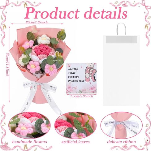 5 Pcs Pink Dance Recital Gifts Set Crochet Flower Bouquet with Ballet Shoe Dance Bag Polymer Clay Beaded Bracelet Set Elastic Ballet Hair Tie for Recitals Ballerinas Graduation Gift in Saudi Arabia