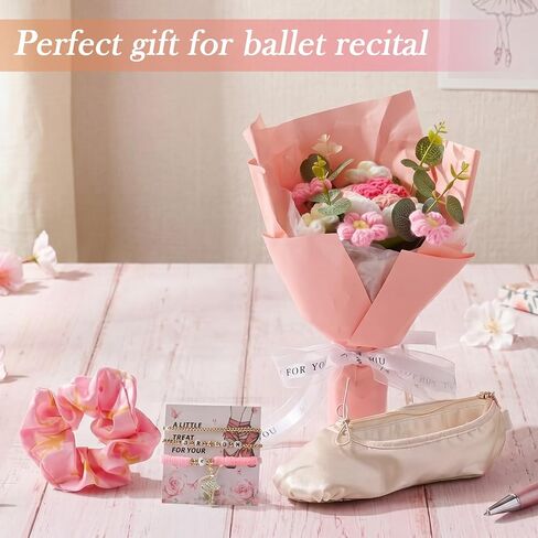 5 Pcs Pink Dance Recital Gifts Set Crochet Flower Bouquet with Ballet Shoe Dance Bag Polymer Clay Beaded Bracelet Set Elastic Ballet Hair Tie for Recitals Ballerinas Graduation Gift in Saudi Arabia
