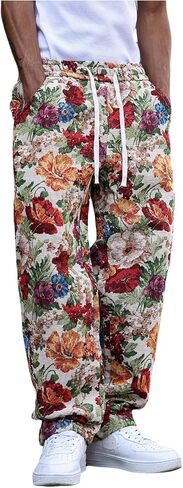 GORGLITTER Men's Floral Embroidered Pants Boho Drawstring Waist Casual Hippie Vintage Straight Leg Trousers with Pockets in Kuwait