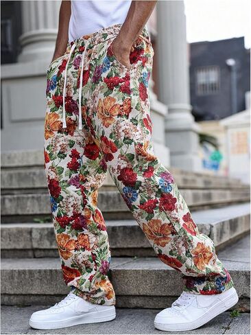 GORGLITTER Men's Floral Embroidered Pants Boho Drawstring Waist Casual Hippie Vintage Straight Leg Trousers with Pockets in Kuwait