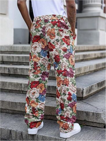 GORGLITTER Men's Floral Embroidered Pants Boho Drawstring Waist Casual Hippie Vintage Straight Leg Trousers with Pockets in Kuwait
