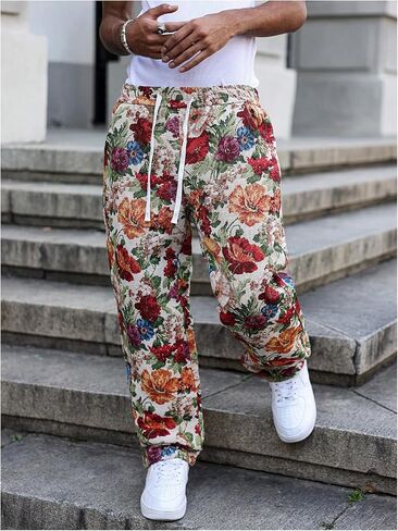 GORGLITTER Men's Floral Embroidered Pants Boho Drawstring Waist Casual Hippie Vintage Straight Leg Trousers with Pockets in Kuwait