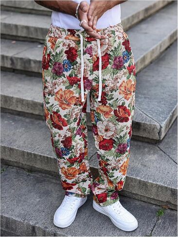 GORGLITTER Men's Floral Embroidered Pants Boho Drawstring Waist Casual Hippie Vintage Straight Leg Trousers with Pockets in Kuwait