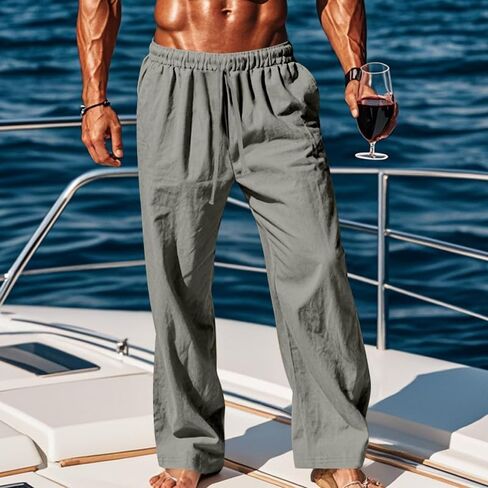 Mens Cotton Linen Casual Pants, Summer Beach Pants Casual Loose Fit with Elastic Waist Drawstring in Kuwait
