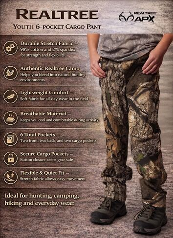 Realtree Youth Camo Cargo Pants - 6-Pocket Hunting Pants for Boys, Outdoor Activities, Camping, Mid Rise Straight Leg in Kuwait
