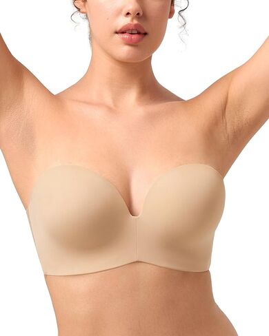 songful by HSIA Strapless Bras for Women Push Up Wireless Non-Slip Seamless Plunge Bandeau Bras with Multi-Way Straps Light Beige in Saudi Arabia
