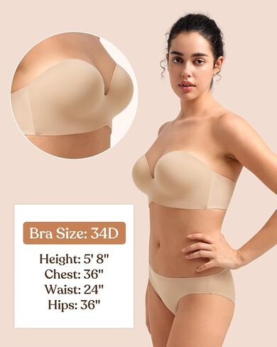 songful by HSIA Strapless Bras for Women Push Up Wireless Non-Slip Seamless Plunge Bandeau Bras with Multi-Way Straps Light Beige in Saudi Arabia