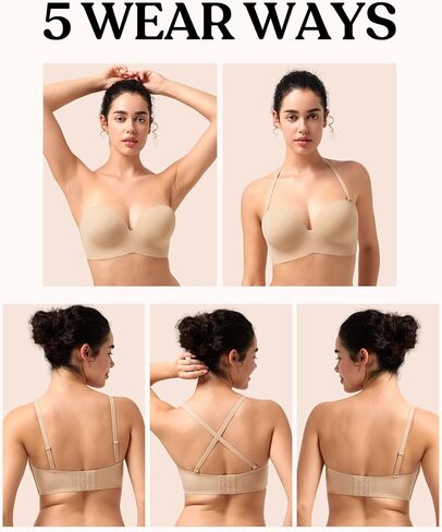 songful by HSIA Strapless Bras for Women Push Up Wireless Non-Slip Seamless Plunge Bandeau Bras with Multi-Way Straps Light Beige in Saudi Arabia
