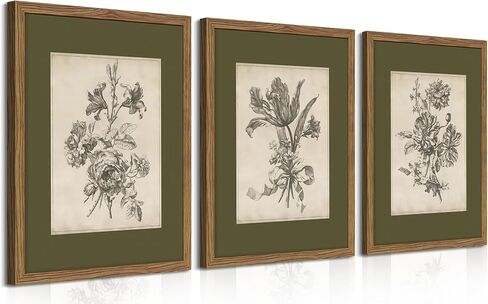 Vintage Floral Wall Art Set of 3, Sketch Sage Green Botanical Canvas Wall Decor Paintings, Retro Minimalist Flower Artwork Posters Prints Pictures for Living Room Bedroom Bathroom 12x16 Inch Framed in Saudi Arabia