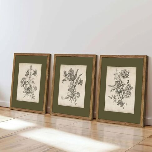Vintage Floral Wall Art Set of 3, Sketch Sage Green Botanical Canvas Wall Decor Paintings, Retro Minimalist Flower Artwork Posters Prints Pictures for Living Room Bedroom Bathroom 12x16 Inch Framed in Saudi Arabia