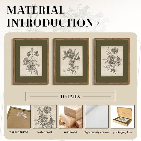 Vintage Floral Wall Art Set of 3, Sketch Sage Green Botanical Canvas Wall Decor Paintings, Retro Minimalist Flower Artwork Posters Prints Pictures for Living Room Bedroom Bathroom 12x16 Inch Framed in Saudi Arabia