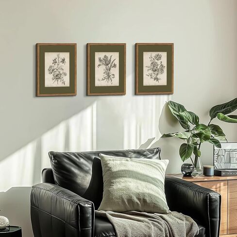Vintage Floral Wall Art Set of 3, Sketch Sage Green Botanical Canvas Wall Decor Paintings, Retro Minimalist Flower Artwork Posters Prints Pictures for Living Room Bedroom Bathroom 12x16 Inch Framed in Saudi Arabia