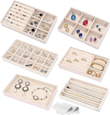 6-Piece Velvet Jewelry Organizer for Drawer, Stackable Jewelry Trays with Removable Dividers, Drawer Organizer Inserts Set with 2 Cleaning Cloths for Women Dresser Vanity in Saudi Arabia