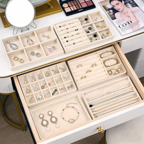 6-Piece Velvet Jewelry Organizer for Drawer, Stackable Jewelry Trays with Removable Dividers, Drawer Organizer Inserts Set with 2 Cleaning Cloths for Women Dresser Vanity in Saudi Arabia