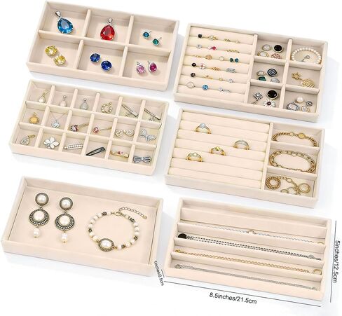 6-Piece Velvet Jewelry Organizer for Drawer, Stackable Jewelry Trays with Removable Dividers, Drawer Organizer Inserts Set with 2 Cleaning Cloths for Women Dresser Vanity in Saudi Arabia