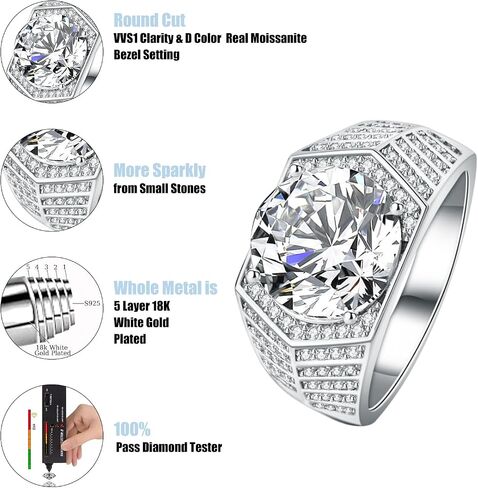 5 CT Men Moissanite Ring with Certification, D Color VVS1 Clarity Round Cut Men Moissanite Wedding Band, 18K White Gold Plated 925 Sterling Silver Rings, Adjustable Ring in Saudi Arabia