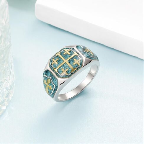 Jerusalem Cross Ring 925 Sterling Silver Turquoise Christian Rings for Men Religious Jewelry Gifts for Men in Saudi Arabia