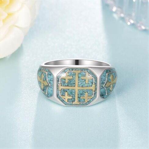 Jerusalem Cross Ring 925 Sterling Silver Turquoise Christian Rings for Men Religious Jewelry Gifts for Men in Saudi Arabia
