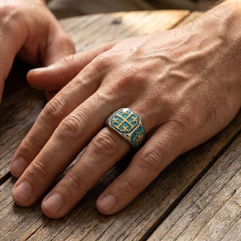 Jerusalem Cross Ring 925 Sterling Silver Turquoise Christian Rings for Men Religious Jewelry Gifts for Men in Saudi Arabia