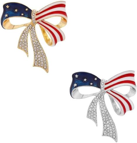 2 Pcs Rhinestone USA Flag Brooch Pin for Women Men 4th of July American Bowknot Patriotic Medal Brooches Dress Accessories Independence Presidential Election Day in Kuwait