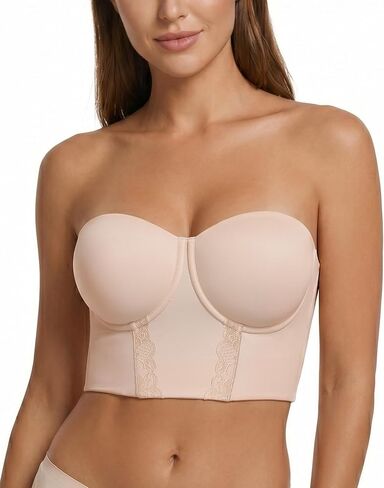 Lemorosy Women's Full Fugure and Full Bust Bustier Longline Strapless Bra -Anti Slip Underwire Plus Size Lace Corset Top in Kuwait