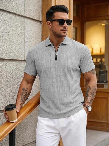 Mens Quarter Zip Polo Shirts Casual Summer Knit Textured Short Sleeve Shirt Beach Vacation Stretchy Golf Shirts Grey in Saudi Arabia