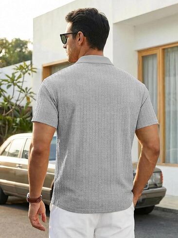 Mens Quarter Zip Polo Shirts Casual Summer Knit Textured Short Sleeve Shirt Beach Vacation Stretchy Golf Shirts Grey in Saudi Arabia