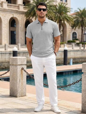 Mens Quarter Zip Polo Shirts Casual Summer Knit Textured Short Sleeve Shirt Beach Vacation Stretchy Golf Shirts Grey in Saudi Arabia