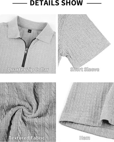 Mens Quarter Zip Polo Shirts Casual Summer Knit Textured Short Sleeve Shirt Beach Vacation Stretchy Golf Shirts Grey in Saudi Arabia