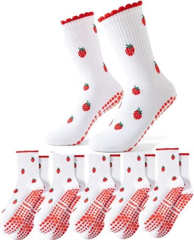 Cute 5 Pairs Pilates Socks for Women Fruit&Heart Print Non Slip Yoga Barre Socks with Silicon Grip for Dance Studio in Saudi Arabia
