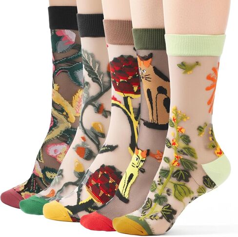 5 Pairs Mesh Socks for Women Summer Lace Socks Women Transparent Floral Sheer-Socks with Designs Mesh Sock Summer Transparent Lace Floral Sock for Woman in Saudi Arabia